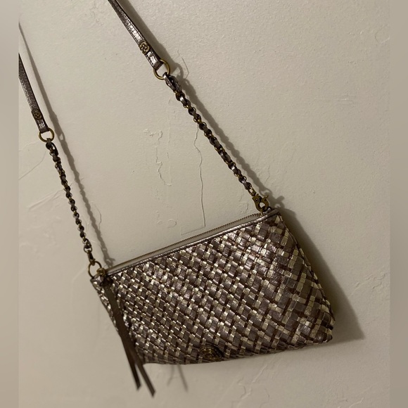 Elliot Lucca~Vtg~Metallic~Bronze/Gold/Taupe~Woven~Soft Leather~Crossbody~Handbag - Picture 5 of 16